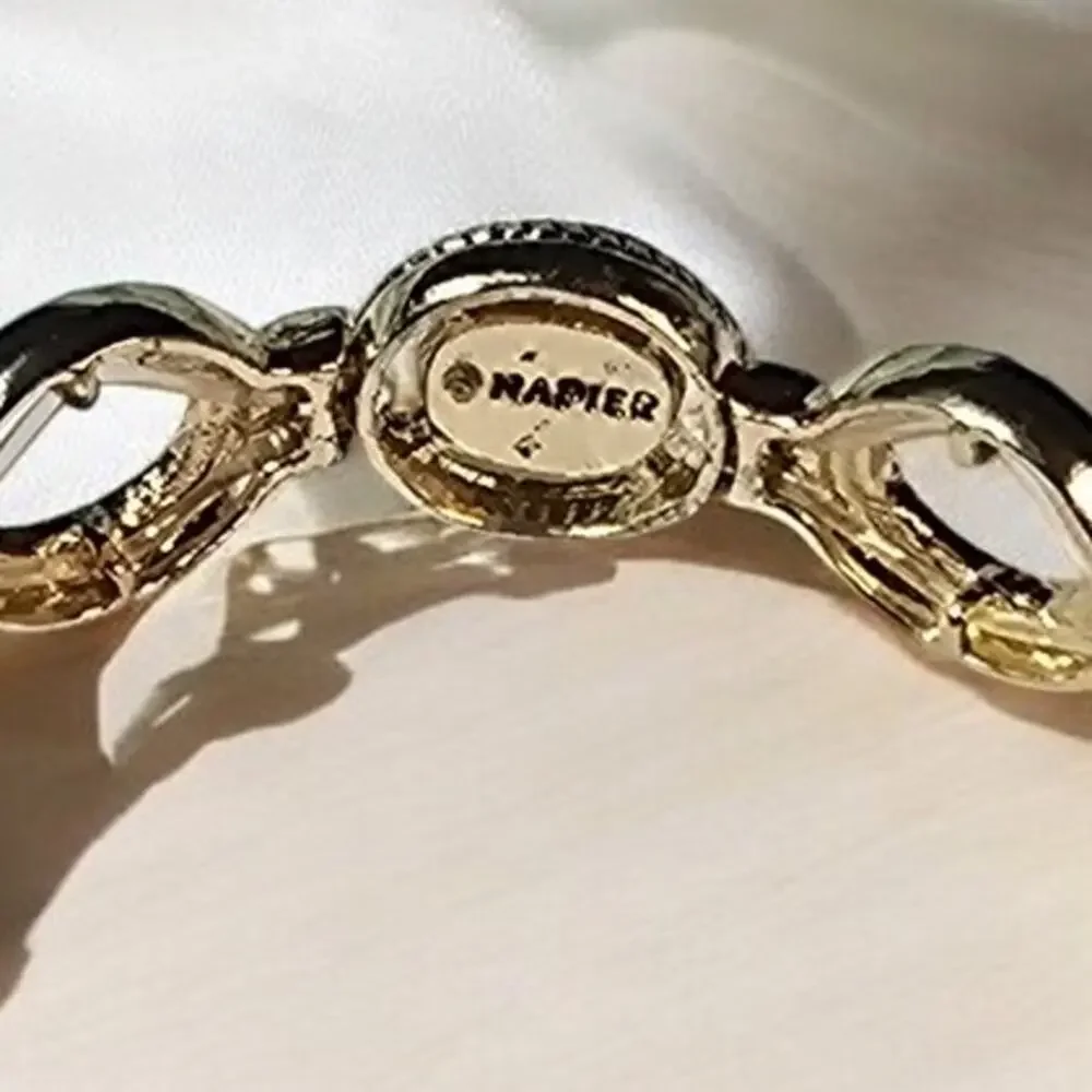 Napier Green Crystal Stretch Bracelet Vintage Gold Tone Moody Glam